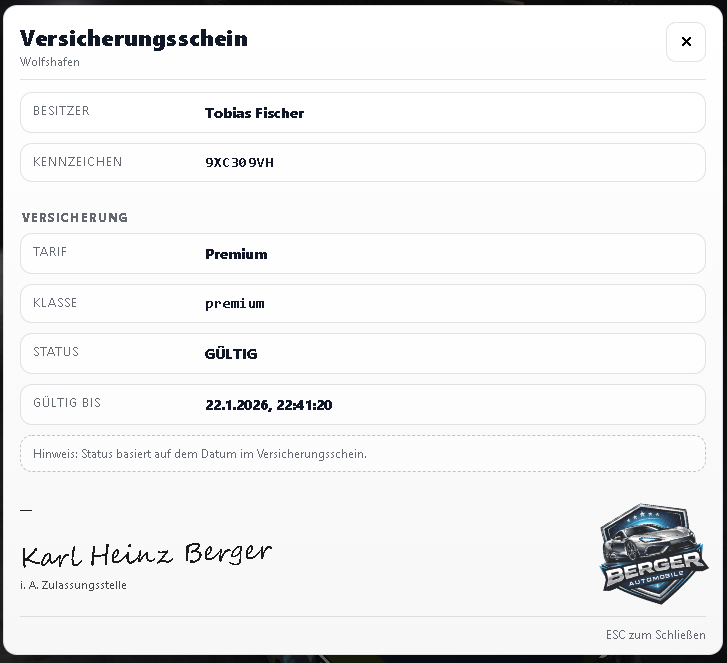 Versicherung und Fahrzeugschein